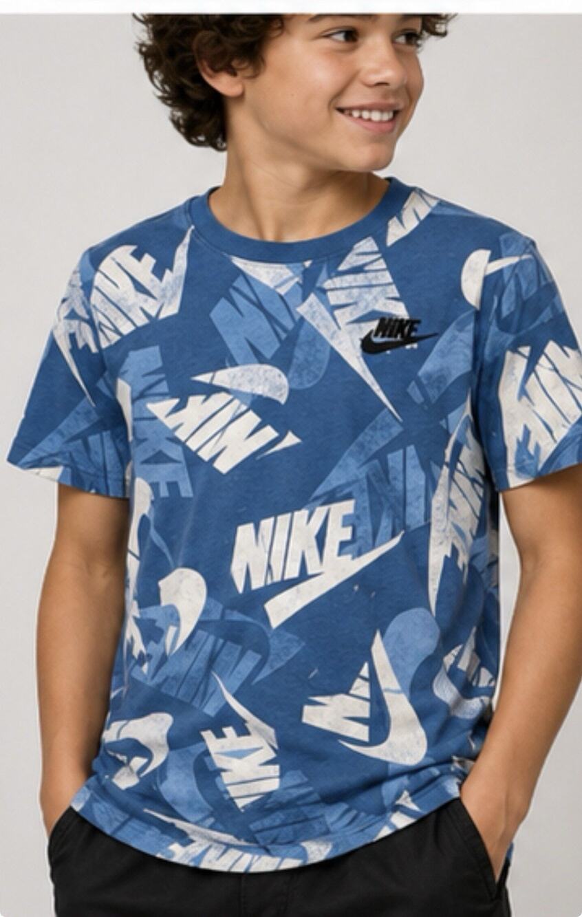 Nike Boys XL Blue All Over Logo Graphic T Shirt Swoosh Sportswear
